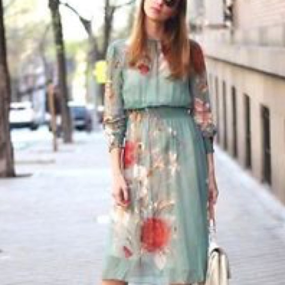 SOLD. SEA-GREEN SHEER FLORAL DRESS - Picture 6 of 7